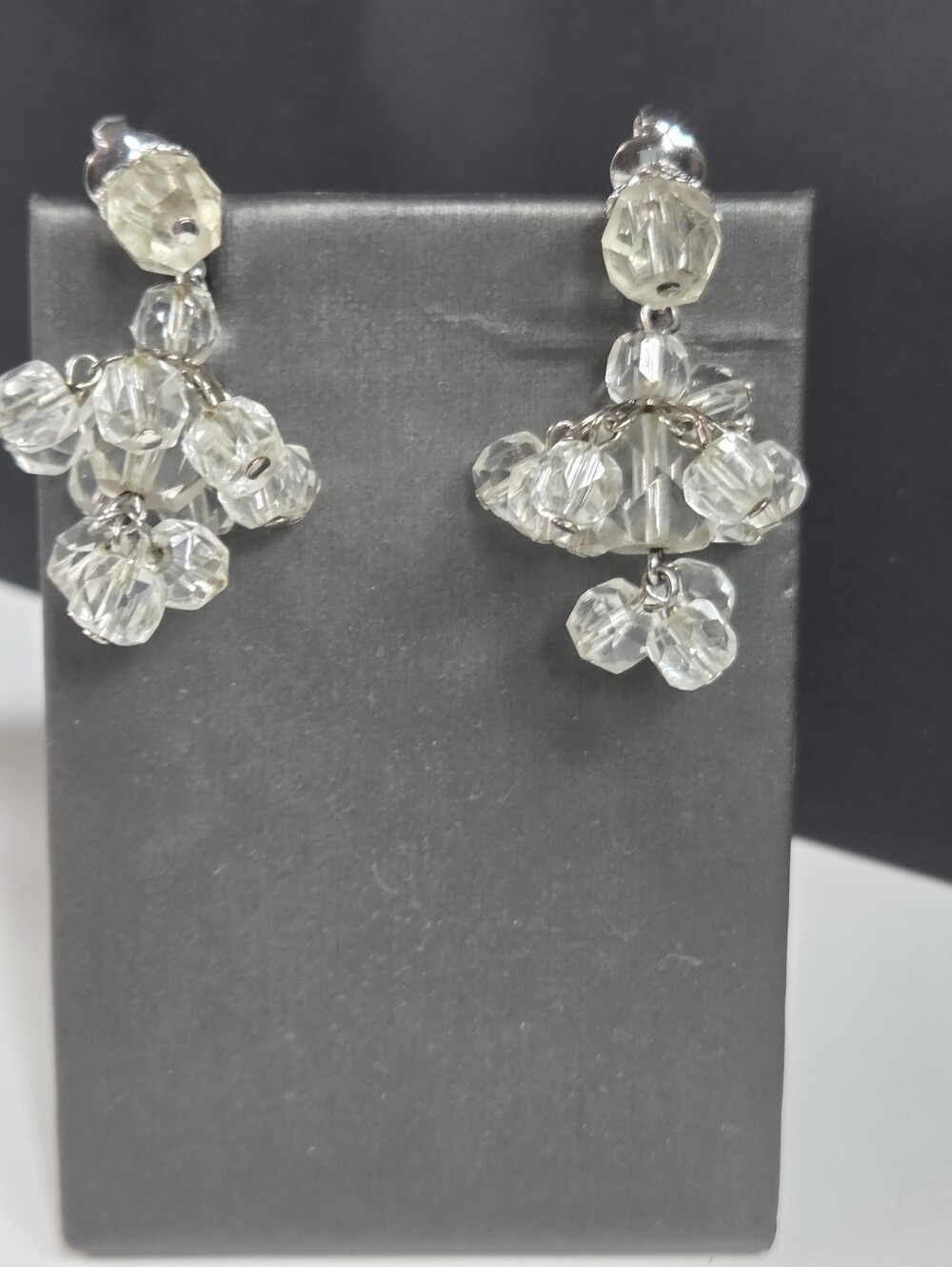 vintage kramer new york 50s 60s faceted clear glass crystal clip earrings silver